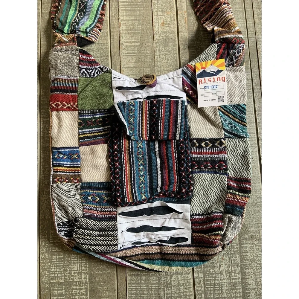 Rising International Patchwork Hobo Boho Bag Embroidered Cotton Nepal New NWT